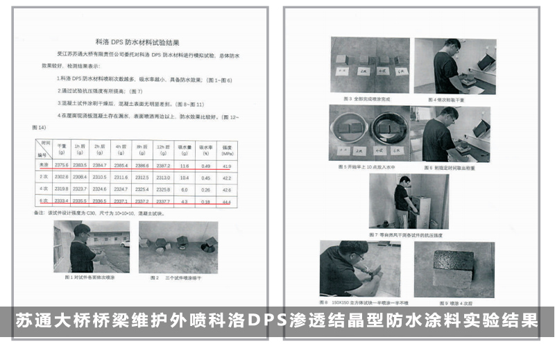 蘇通大橋橋梁維護(hù)外噴科洛DPS滲透結(jié)晶型防水涂料實(shí)驗(yàn)結(jié)果